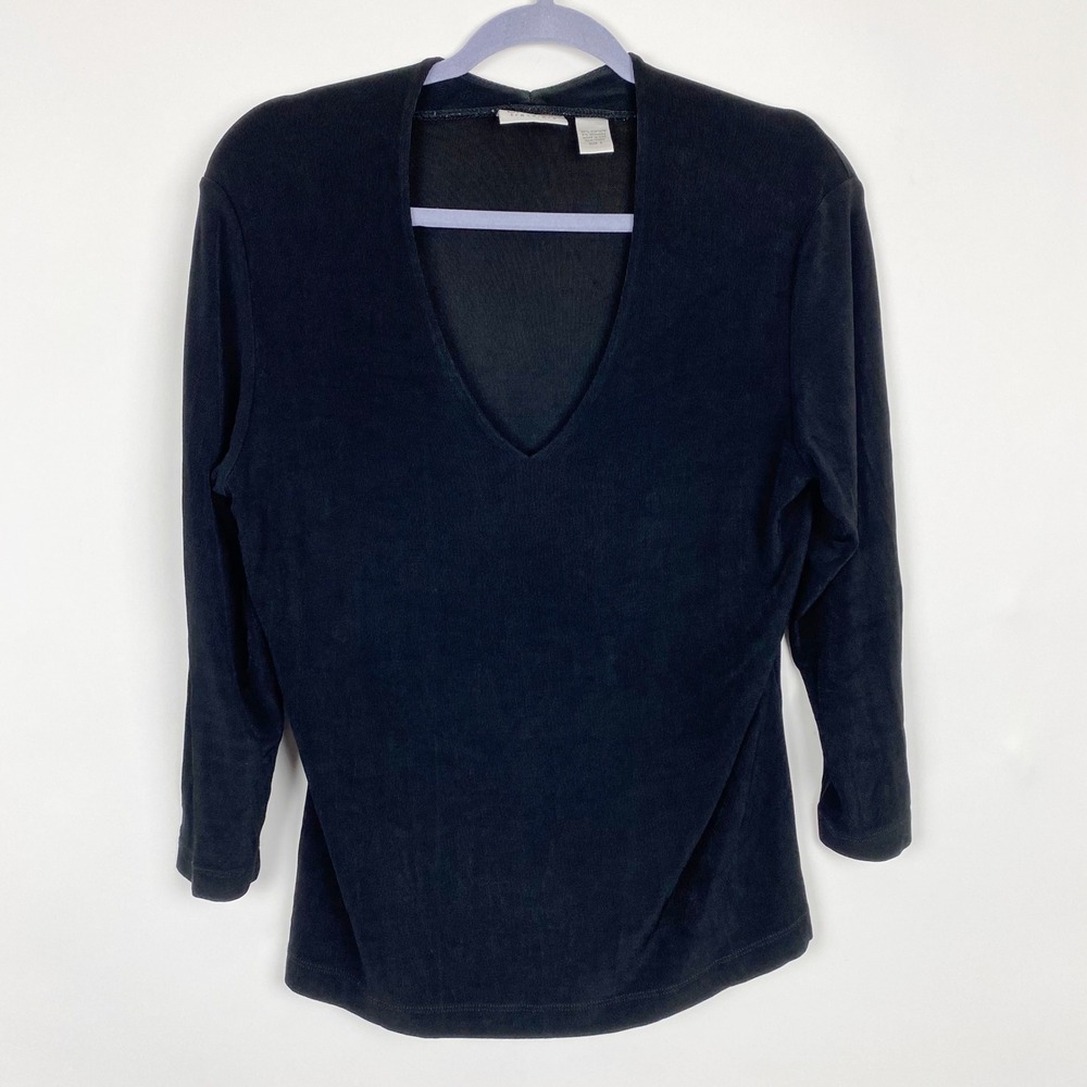 Chico's Travelers V-Neck 3/4 Sleeve Slinky Knit Top Womens L Chicos 2 Black